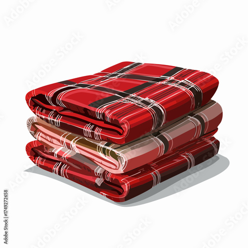 The focus is entirely on a stack of neatly folded tartan plaid blankets showing a traditional red pattern.