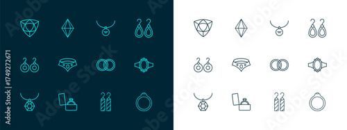 Set line Earrings, Diamond engagement box, Wedding, Necklace, Locket necklace, and Gem stone icon. Vector