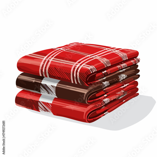 The focus is entirely on a stack of neatly folded tartan plaid blankets showing a traditional red pattern.