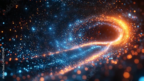 Abstract Swirling Blue and Orange Light Particles in Space.