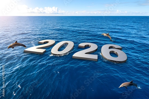 2026 floating on ocean with dolphins and blue water