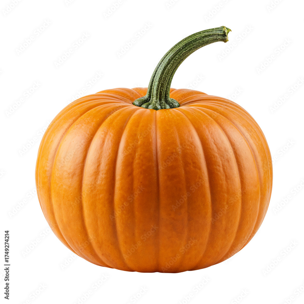 Fototapeta premium Bright orange pumpkin with green stem isolated on a plain background for harvest season celebrations isolated on transparent background