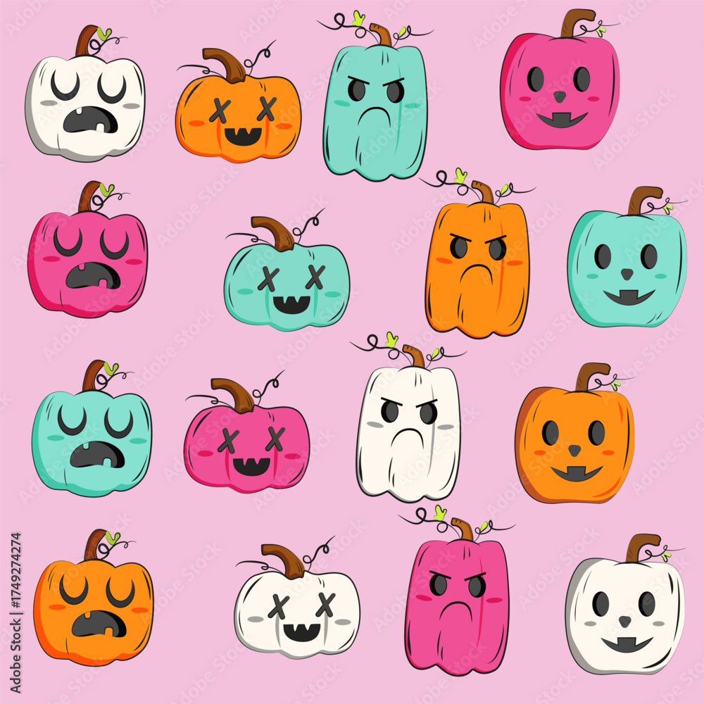Obraz premium A set of colorful pumpkins with eyes and mouths. Cute and scary hand-drawn pumpkin heads for stickers, icons, wallpapers, children's books, and coloring books.