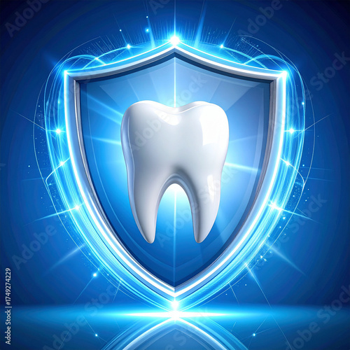 Creative conceptual image of a dental mirror reflecting a tooth surrounded by shield
