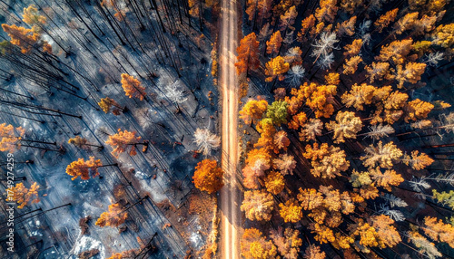 aerial view of the forest after the fire,  damaged environment caused by global warming	