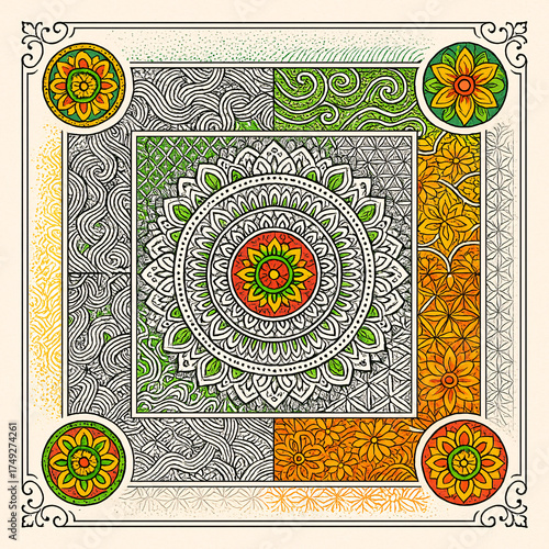 Ornate Floral Mandala Border Frame with Geometric Pattern