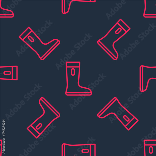 Red line Waterproof rubber boot icon isolated seamless pattern on black background. Gumboots for rainy weather, fishing, gardening. Vector