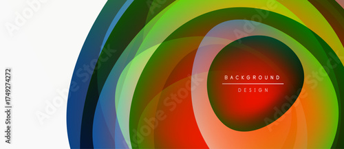 Abstract colorful layers create dynamic circular design. Vibrant hues blend, forming modern background element. Smooth gradients suggest movement.