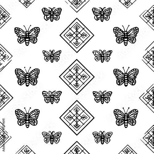 Black and white butterfly pattern seamless vector design repeat surface pattern decorative insect diamond shapes 100char