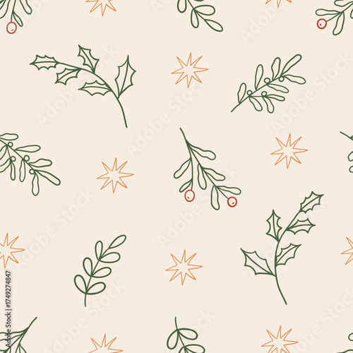 Seamless pattern with mistletoe, red berry and star. Hand drawn vector illustration for wrapping paper, textile, fabric.