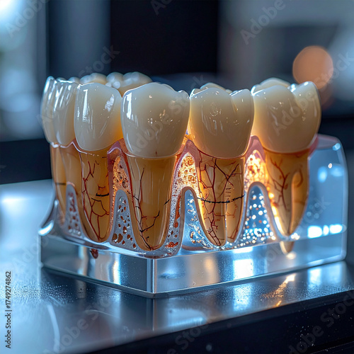 High-resolution close-up of a transparent dental model showing gum disease