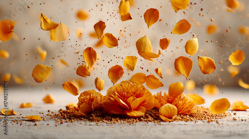 Bright orange cempasuchil flower petals scatter in the air, symbolizing the Day of the Dead celebration. The background is softly blurred, enhancing the vibrant colors.