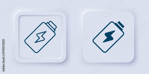 Filled and outline Battery charge level indicator icon isolated on grey background. Square button. Vector