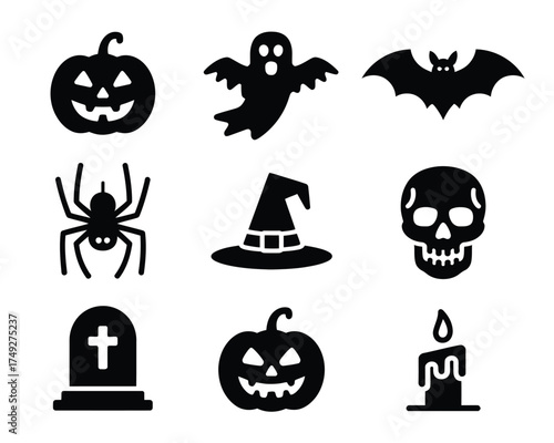 Set of black halloween icon silhouettes vector illustration for spooky holiday designs scalable eps silhouette