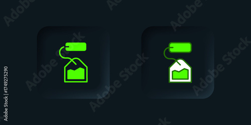 Green Tea bag icon isolated on black background. Black square button. Vector