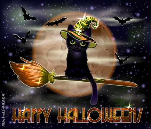 Happy Halloween moon card, black cat in a witchs hat, vector illustration