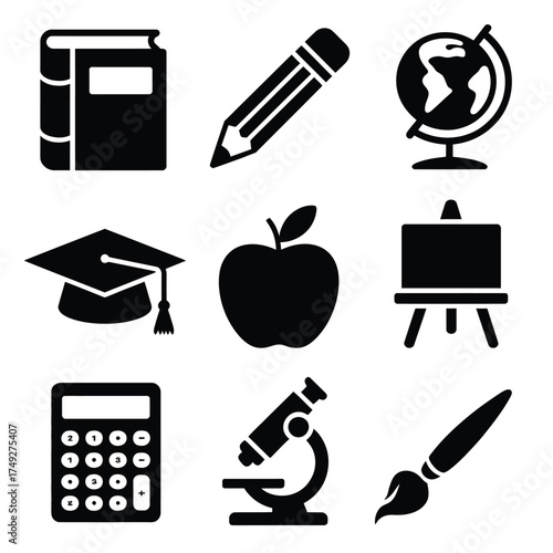 Set of 9 black and white educational icons for vector graphics scalable eps illustration silhouette