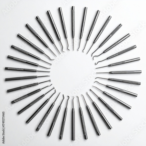 Overhead flat lay of sterilized dental burs arranged in a spiral pattern on a white