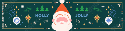 Christmas banner design. Festive horizontal header with Santa Claus, baubles, Xmas trees, decorative ornaments. New Year greeting card with frame, seasonal decorations. Flat vector illustration