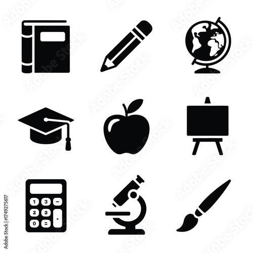Set of 9 black and white educational icons vector graphics for learning and school subjects silhouette