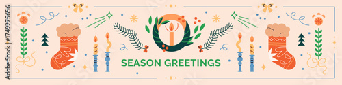 Christmas banner, festive holiday greeting card. Abstract horizontal backgrou...