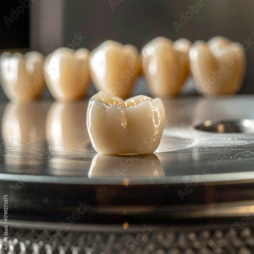 Softly lit close-up of a ceramic dental crown resting on a polished steel tray