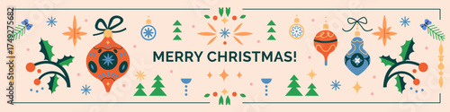 Merry Christmas, greeting banner design. Festive winter holiday web header, abstract long horizontal background with Xmas baubles, holly berries, snowflakes in scandi style. Flat vector illustration