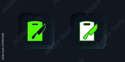 Green Cutting board and knife icon isolated on black background. Chopping Board symbol. Cutlery symbol. Black square button. Vector