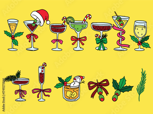 Christmas cocktail party and holiday drink clipart collection hand drawn doodle illustration