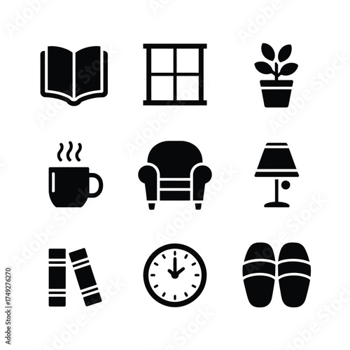 Set of 9 black and white minimalist icons for home and leisure activities vector graphics silhouette