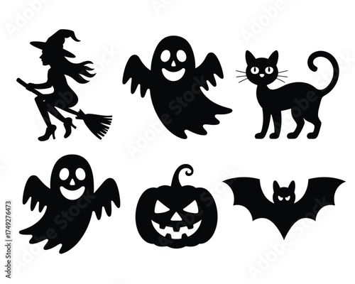 Set of six black halloween silhouettes vector illustration for festive and spooky designs silhouette