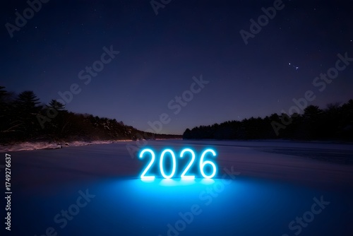 Glowing 2026 lights on dark lake at night sky