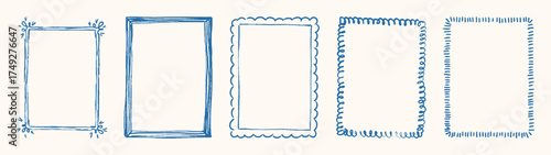 Whimsical doodle frame collection. Hand drawn ornamental rectangular borders with curls, sketchy lines, floral ends. Wedding, birthday invitation decor in vintage minimalist vector design style