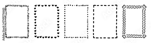 Bold hand drawn frames set with dotted, dashed, heart outlines, squiggly curls, romantic whimsical sketch borders for wedding invitations, greeting cards, valentine prints, minimalist vector elements