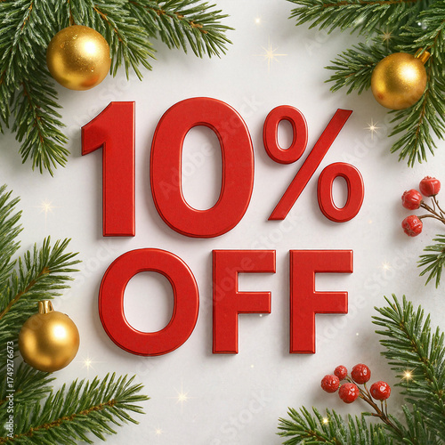 Discount promotion with red text and holiday decorations on background  