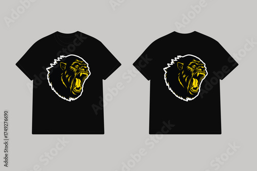 Roaring gorilla head linocut black t-shirt yellow