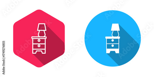 Filled and outline Furniture nightstand with lamp icon isolated with long shadow background. Vector