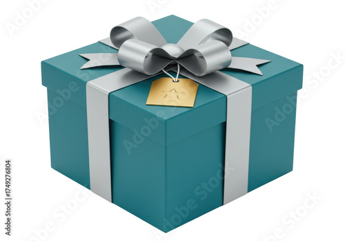 Teal gift box with silver ribbon and gold tag isolated, present for birthday or Christmas in PNG format for graphic design use