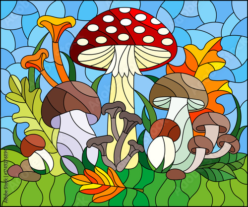 An illustration in the style of a stained glass window with a composition of mushrooms and leaves on a blue background
