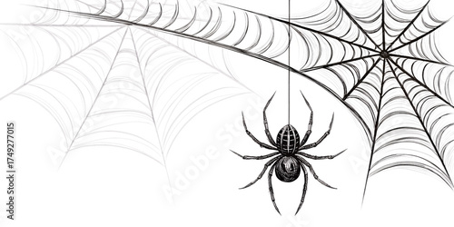 Hand-drawn spider hanging from spiderwebs in a brush stroke style, isolated on a transparent background (PNG). Perfect graphic element for Halloween decorations, spooky designs, posters, invitations, 