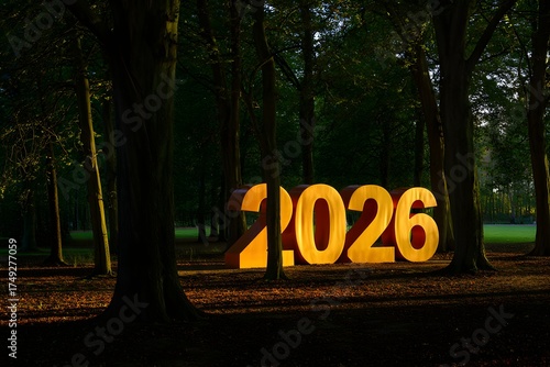 Glowing 2026 sign in forest with trees at night