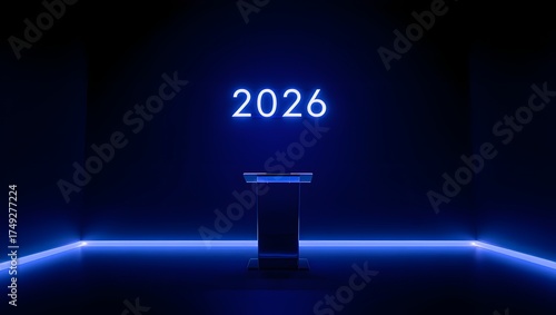 Futuristic digital display showing the year 2026