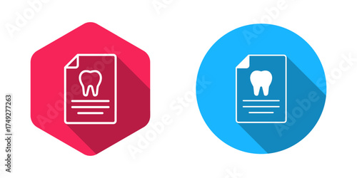 Filled and outline Clipboard with dental card or patient medical records icon isolated with long shadow background. Dental insurance. Dental clinic report. Vector
