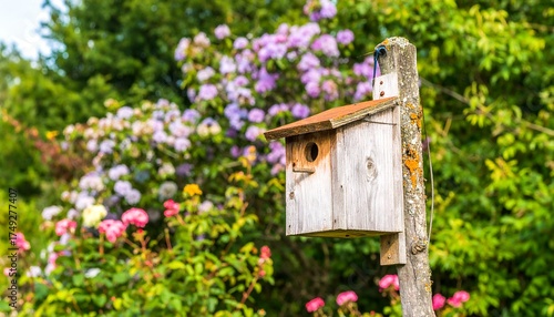 Wooden birdhouse in a garden