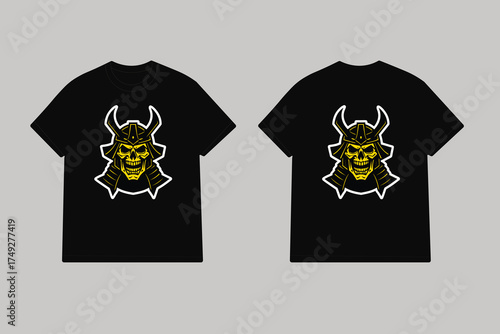 Samurai skull helmet graphic on black t shirts yellow