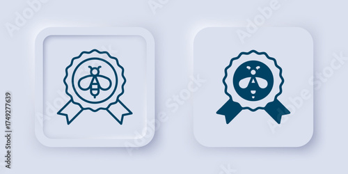 Filled and outline Best bee icon isolated on grey background. Sweet natural food. Honeybee or apis with wings symbol. Flying insect. Square button. Vector