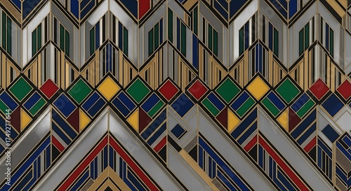 Intricate art deco inspired pattern with geometric shapes and bold colors