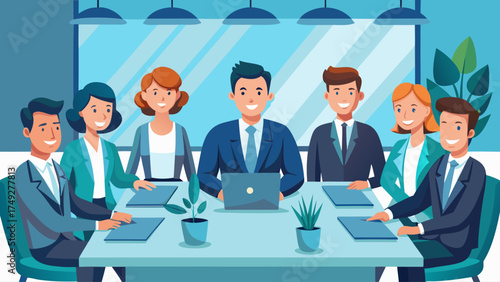 A group of people are sitting around a table with a laptop on it. They are all smiling and seem to be having a good time