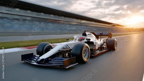 High-speed racing action formula track sports photography sunset environment dynamic viewpoint adrenaline concept