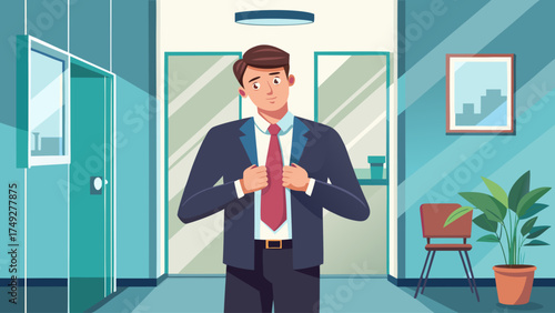 A man in a suit is getting ready to tie his tie. He is looking at the camera with a serious expression. The room is decorated with a potted plant and a chair